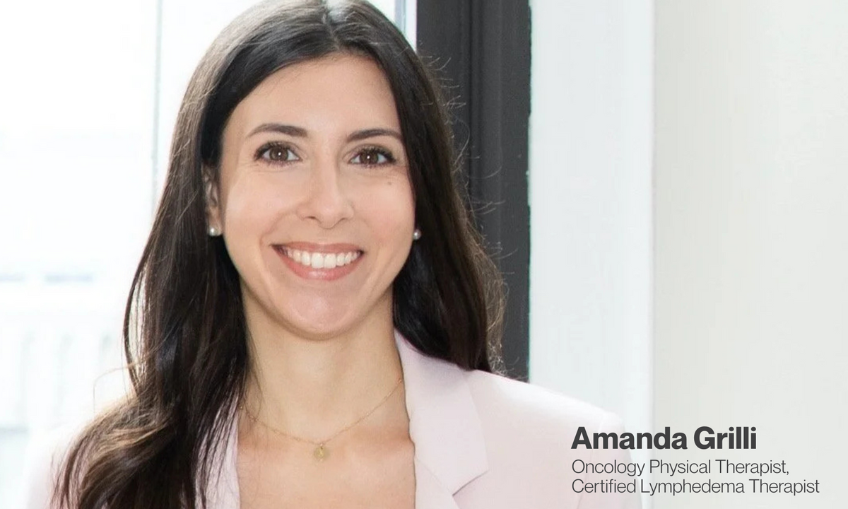 Amanda Grilli, Oncology Physical Therapist and Certified Lymphedema Therapist, smiling in a pale pink blazer
