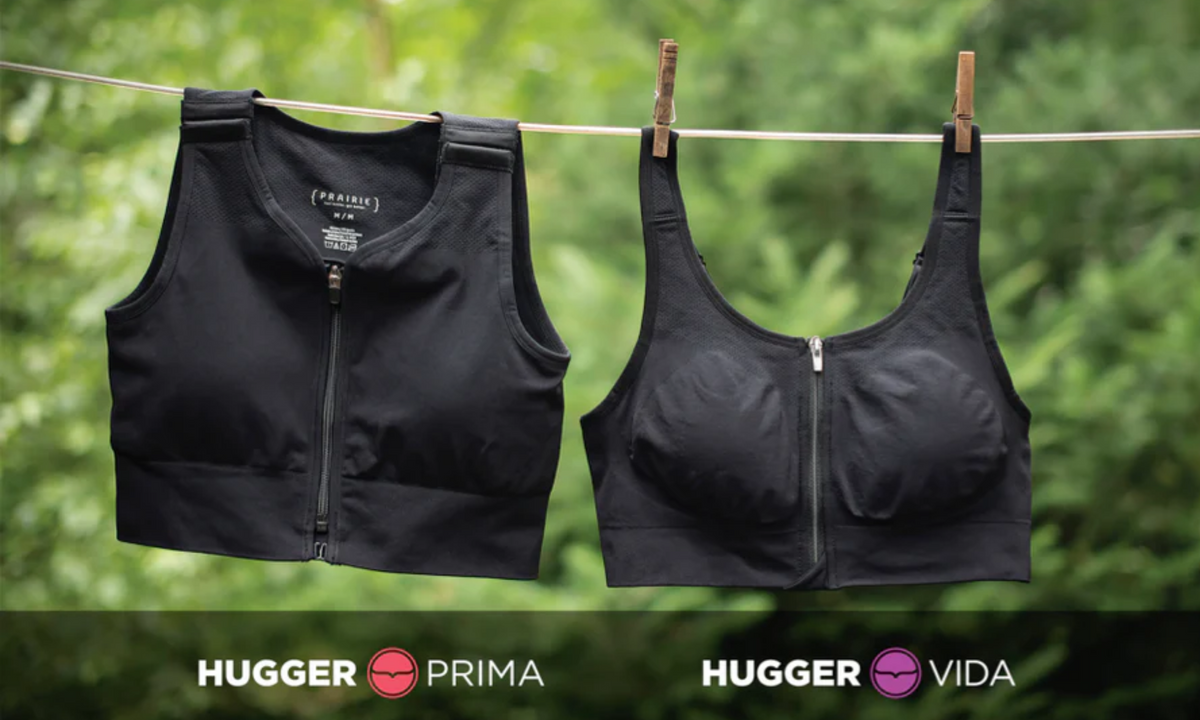 HuggerPRIMA and HuggerVIDA in No Moon Black pegged side by side on a clothesline, each labelled by name