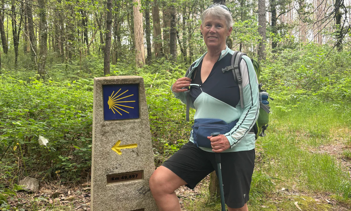 Hiker with a backpack and trekking pole stands beside a Camino scallop shell waymarker on a forest trail