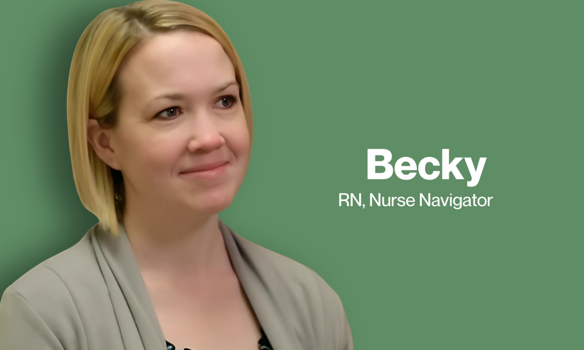 Becky, RN, Nurse Navigator: smiling woman with a blonde bob in a light grey jacket against a green background