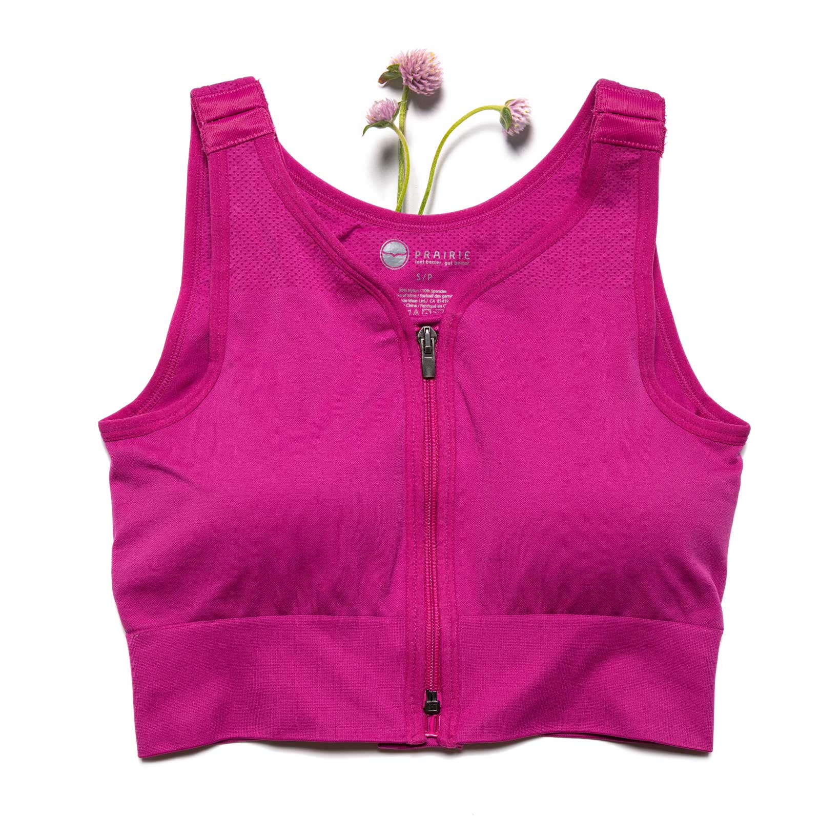 HuggerPRIMA Bra shown in Prairie Dawn Pink, size Large - High to Medium Compression, Post-surgical Bra, Lymphedema Bra, Mastectomy Compression Bra, Surgical compression binder. For those who want more support and control, larger cup sizes, high impact activity support, higher compression sports bra.