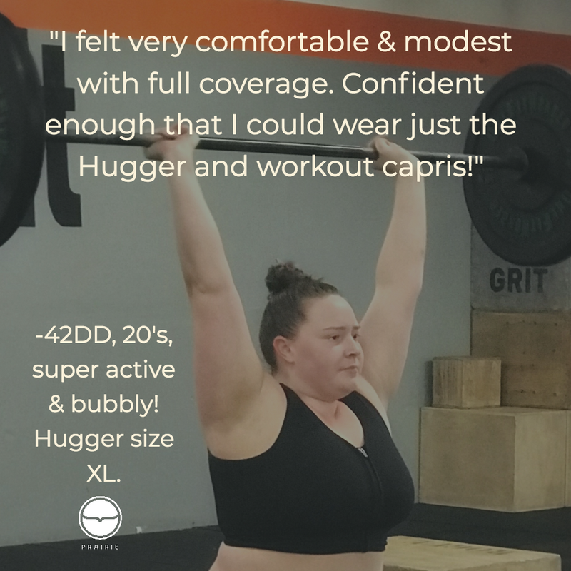 42DD active testimonial: I felt very comfortable and modest with full coverage. Confident enough that I could just wear the HuggerPRIMA and workout capris!