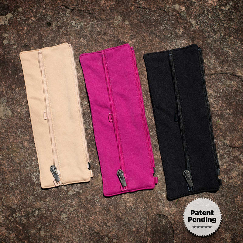 Patent -pending zip-in Extender shown in all 3 available colours: Wheat Beige, Prairie Dawn Pink, and No Moon Black. Made to vary the compression & breathability of the HuggerPRIMA for women in the process of breast surgery or with lymphedema who may have variable cup sizes; women who are post-surgical and need compression 24/7 but would like a bit more space for sleeping or warmer weather; anyone who wants to adjust the size and fit of their HuggerPRIMA without buying an extra bra.