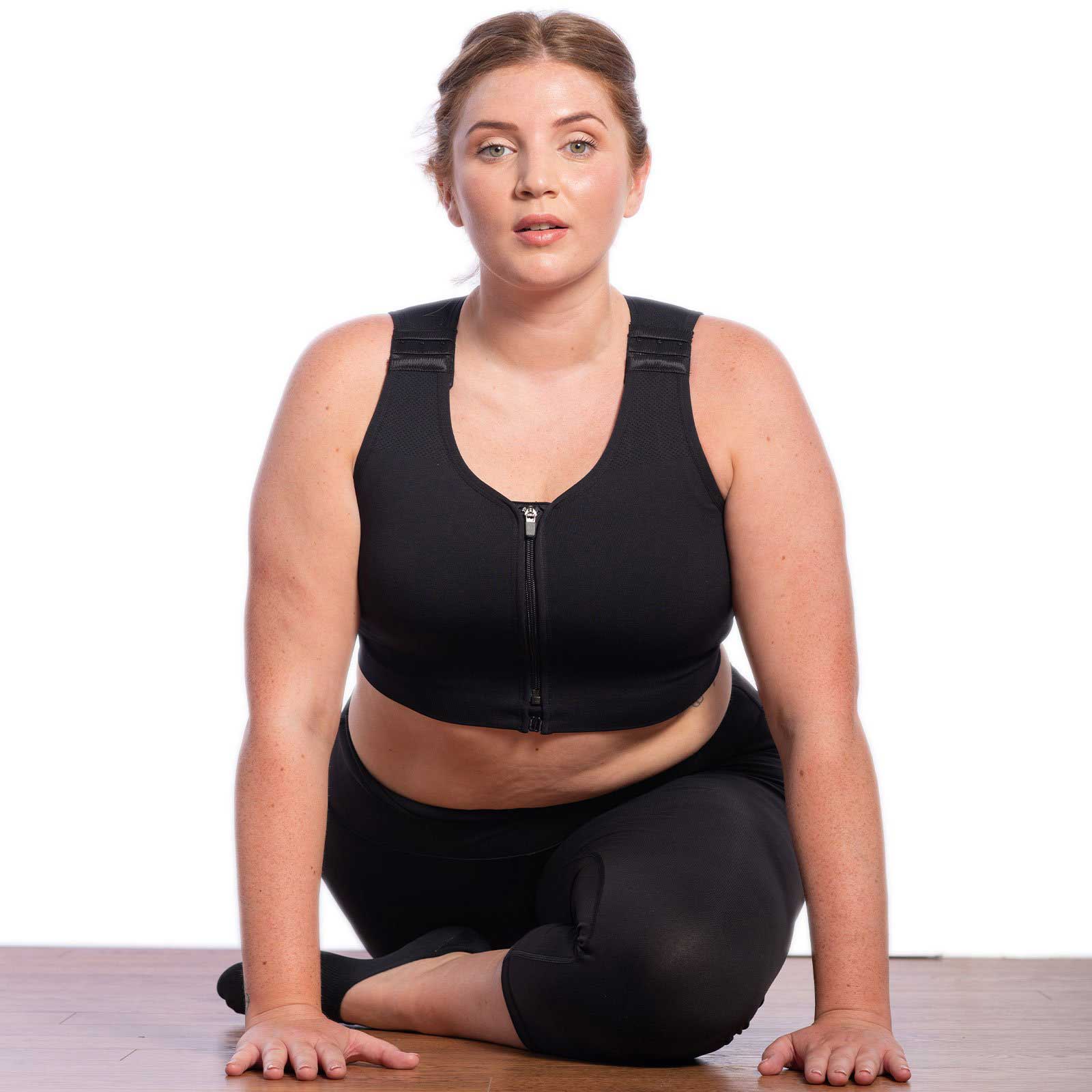 HuggerPRIMA Bra in No Moon Black being used as a yoga bra.  High to Medium Compression, Post-surgical Bra, Lymphedema Bra, Mastectomy Compression Bra, Surgical compression binder. For those who want more support and control, cup sizes, high impact activity support, higher compression sports bra.