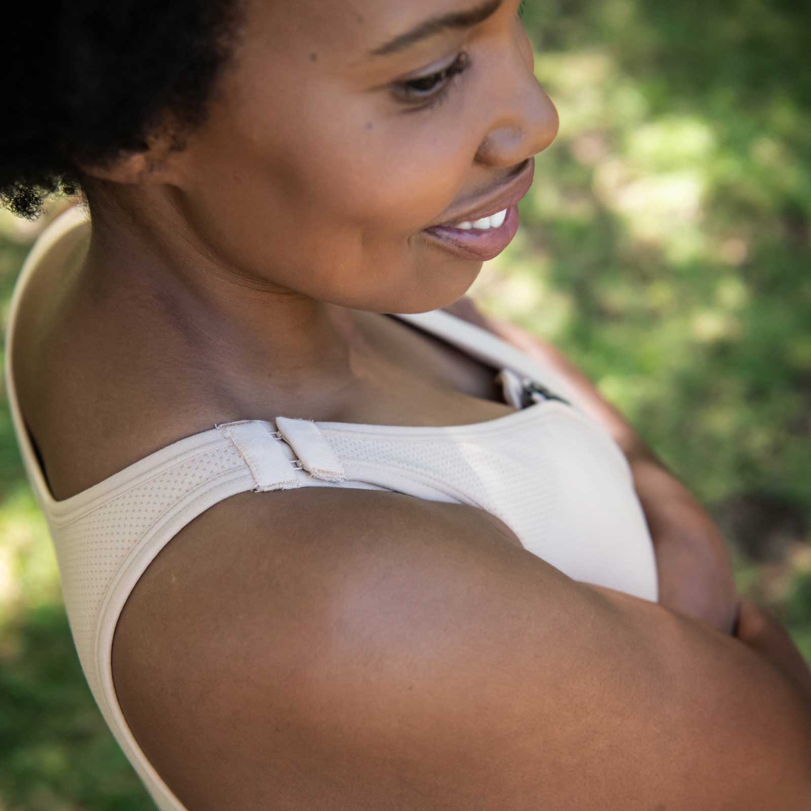 HuggerPRIMA Bra in Wheat Beige with adjustable, padded strap for great fit and comfort, and to ensure optimal compression.High to Medium Compression, Post-surgical Bra, Lymphedema Bra, Mastectomy Compression Bra, Surgical compression binder. For those who want more support and control, larger cup sizes, high impact activity support, higher compression sports bra.