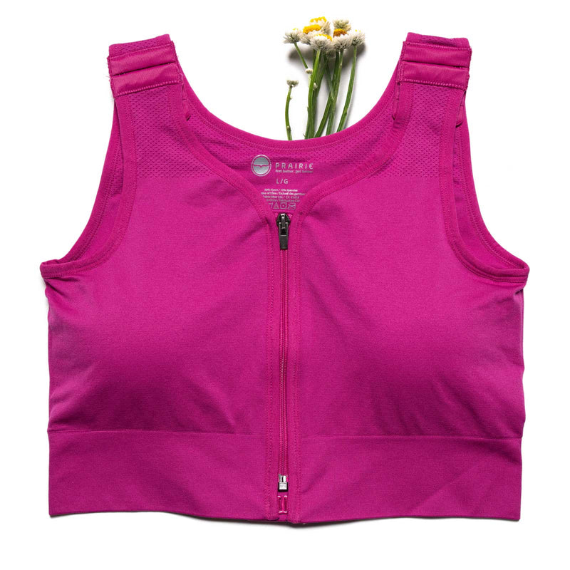 HuggerPRIMA Bra shown in Prairie Dawn Pink, size Large - High to Medium Compression, Post-surgical Bra, Lymphedema Bra, Mastectomy Compression Bra, Surgical compression binder. For those who want more support and control, larger cup sizes, high impact activity support, higher compression sports bra.