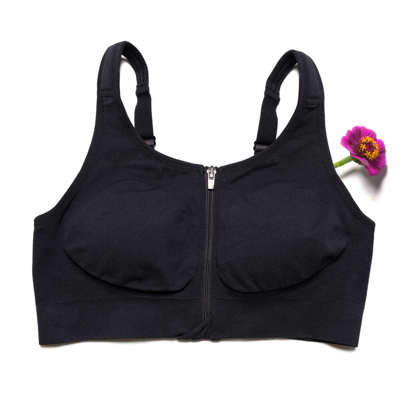 HuggerVIDA in No Moon Black - Medium compression. Everyday, wire-free bra for comfort and support. Made especially for those want lower compression that still shapes & supports for really comfortable wear; women who prefer to sleep in a bra; those transitioning from a higher compression garment post-surgically; women needing a comfortable go-to bra for the demands of daily life. Daily bra. Sleep bra. Comfy bra. Easy bra sizes. Go to bra.