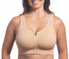 Front Lock Zipper on HuggerVIDA shown in Wheat Beige. Medium to Low compression. Everyday, wire-free bra for comfort and support. Made especially for those want lower compression that still shapes & supports for really comfortable wear; women who prefer to sleep in a bra; those transitioning from a higher compression garment post-surgically; women needing a comfortable go-to bra for the demands of daily life. Daily bra. Sleep bra. Comfy bra. Easy bra sizes. Go to bra.