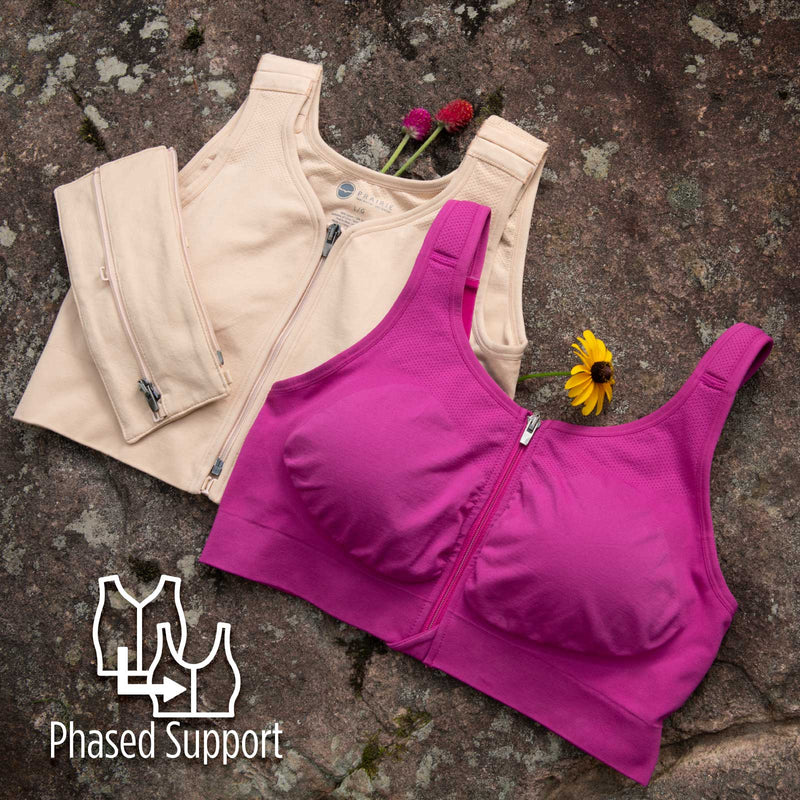 "Phased support" means because of the differences in coverage (ie. how much of the skin is covered by the Hugger), compression levels, and structural support zones (ie. where it has higher in-built compression & support), our range of Huggers can adapt to your needs and support you in whatever ways you need without having to buy several sizes of one garment.