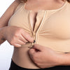 Front Lock Zipper and G-hook for easy zipping of the HuggerVIDA shown in Wheat Beige. Medium to Low compression. Everyday, wire-free bra for comfort and support. Made especially for those want lower compression that still shapes & supports for really comfortable wear; women who prefer to sleep in a bra; those transitioning from a higher compression garment post-surgically; women needing a comfortable go-to bra for the demands of daily life. Daily bra. Sleep bra. Comfy bra. Easy bra sizes. Go to bra.